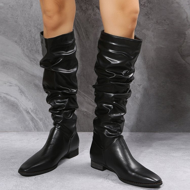 Pointed Low Heel Long Tube Fashion Folding Boots