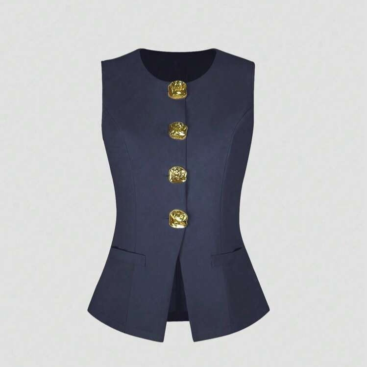 Sleeveless Round Neck Vest Fashion Women's Wear Elegant Waist-tight Solid Color