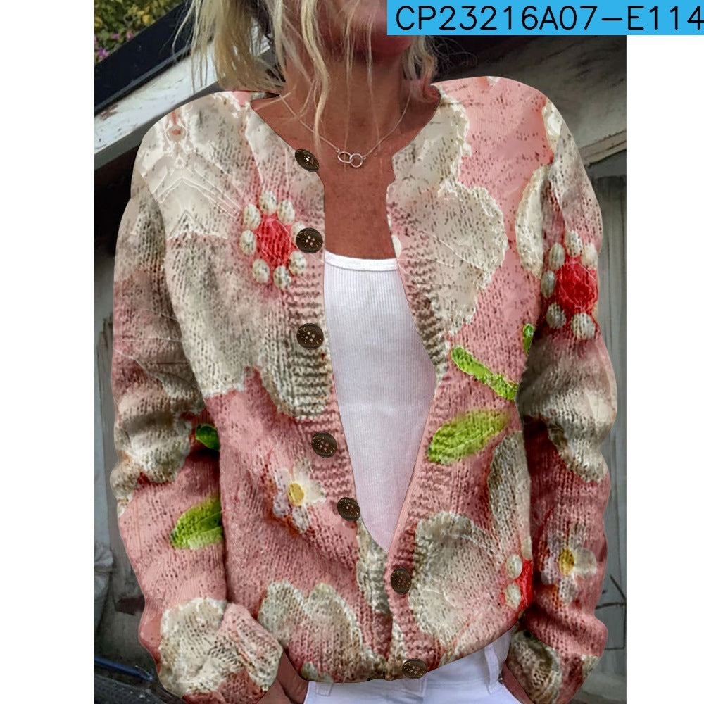 New Women's Autumn And Winter Style Loose 3D Printed Knitted Cardigan Sweater