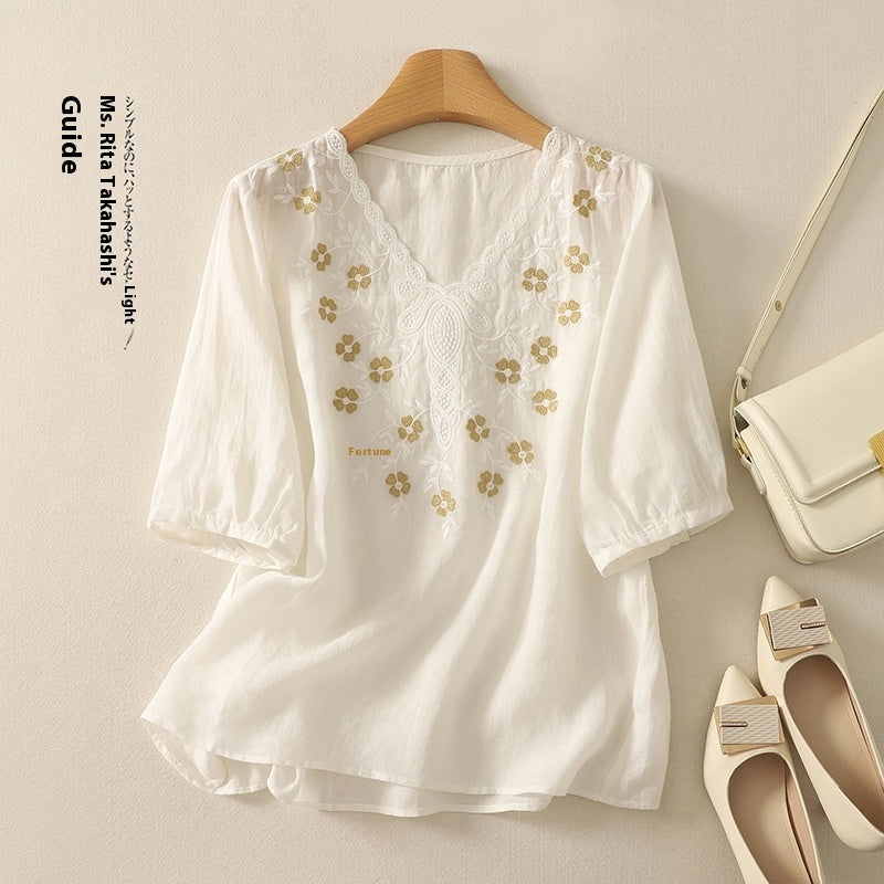 Embroidered Women's Elegant Lace V-neck Half Sleeves Pullover Shirt