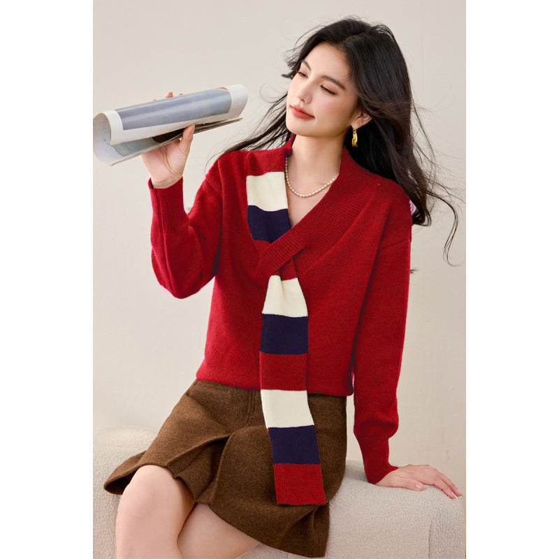 Niche Striped V-neck Sweater Women's Versatile Fake Two Pieces Coat