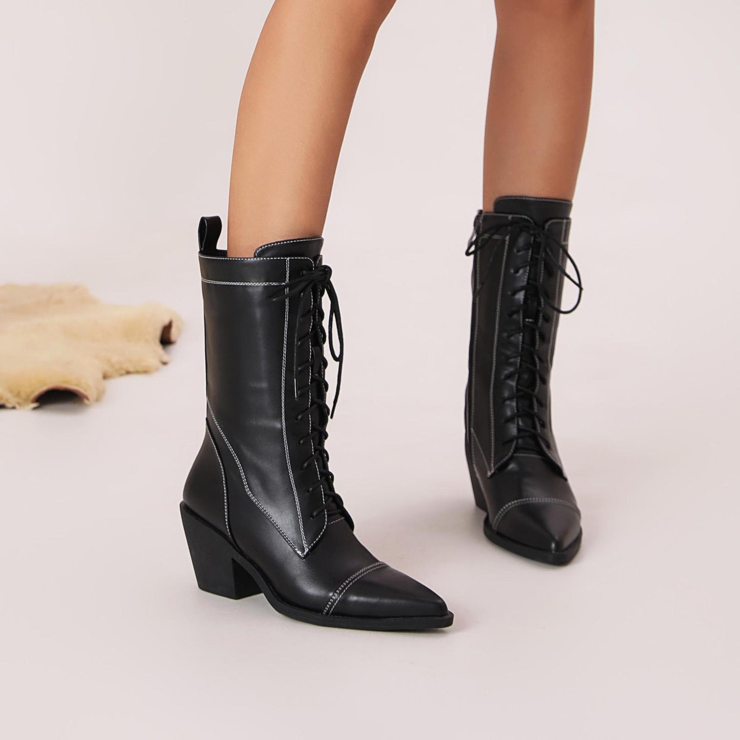 Chunky Heel Waterproof Platform Thick Bottom Fleece-lined High Heel Lace-up Martin Boots