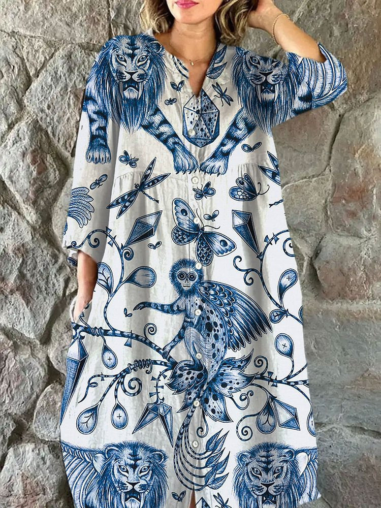 Women's Casual Long-sleeved Printed Shirt Dress