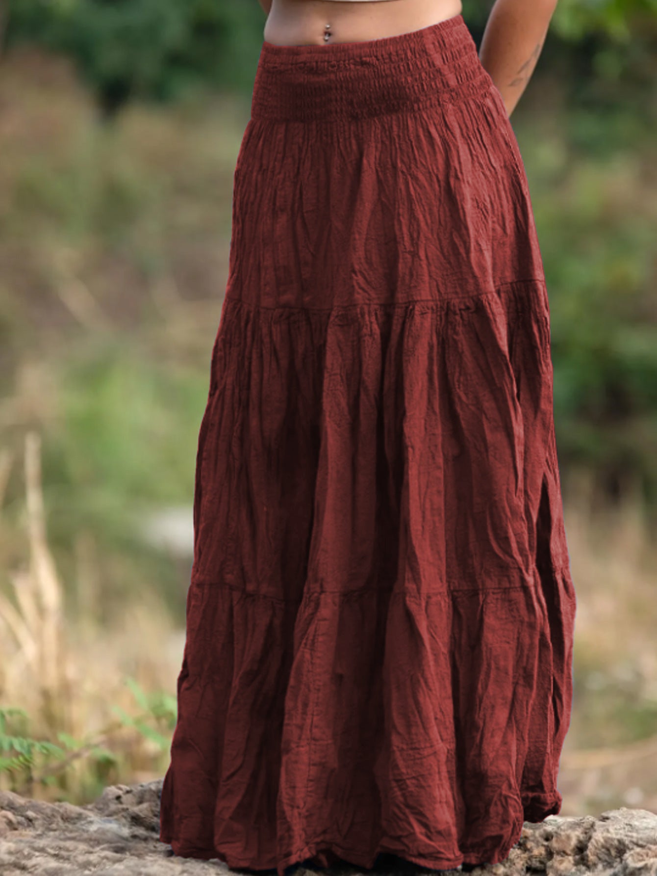 Women's Waist Smocking Mid-length Retro Daily Skirt