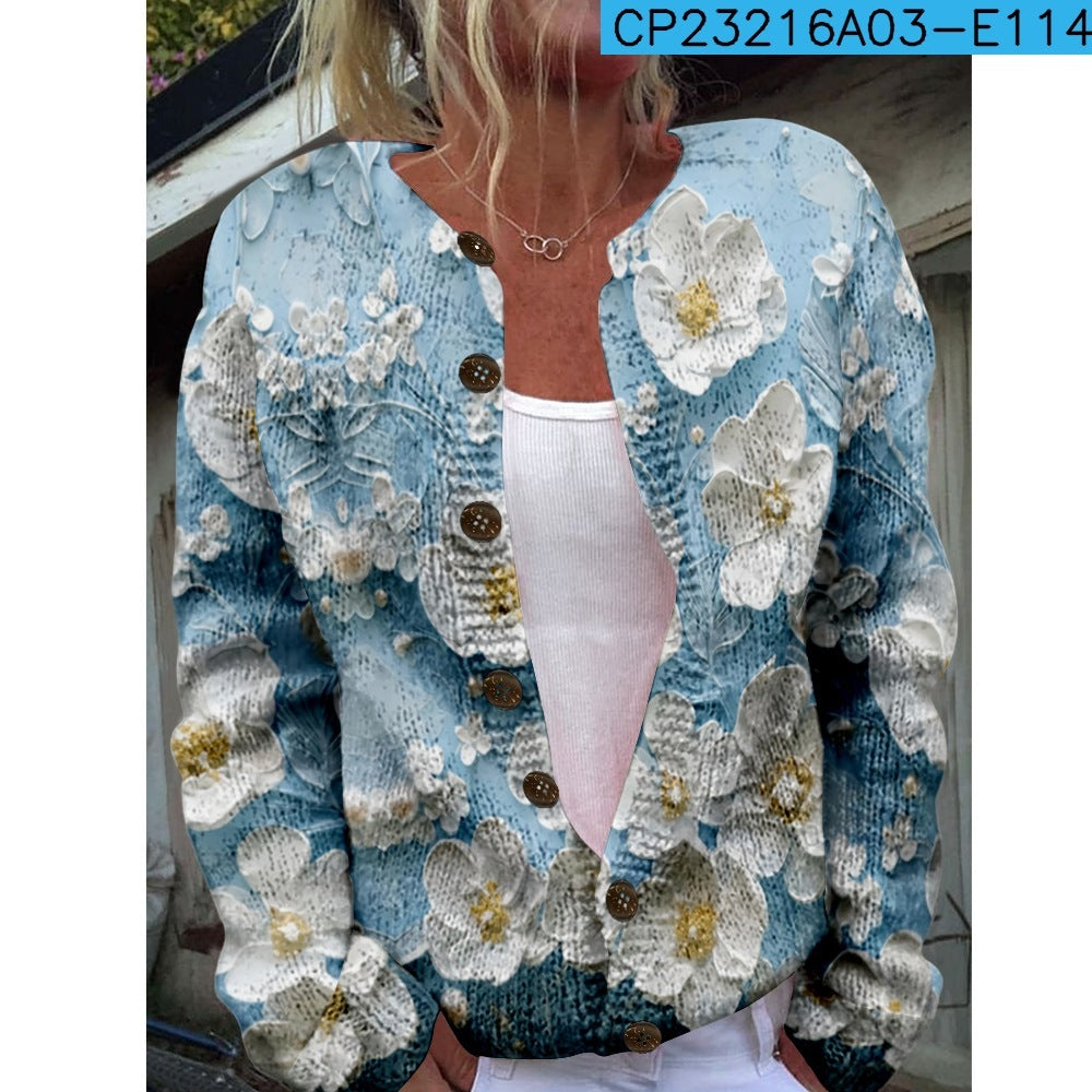 New Women's Autumn And Winter Style Loose 3D Printed Knitted Cardigan Sweater