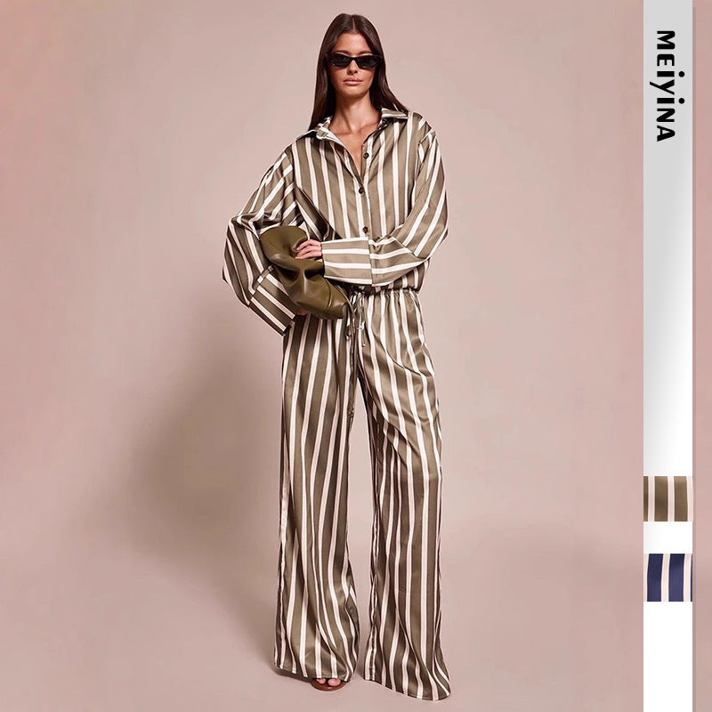 Long Sleeve Polo Collar Stripes Shirt Loose Shirt Trousers Two-piece Home Wear