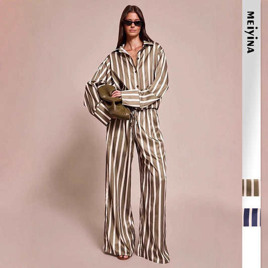 Long Sleeve Polo Collar Stripes Shirt Loose Shirt Trousers Two-piece Home Wear
