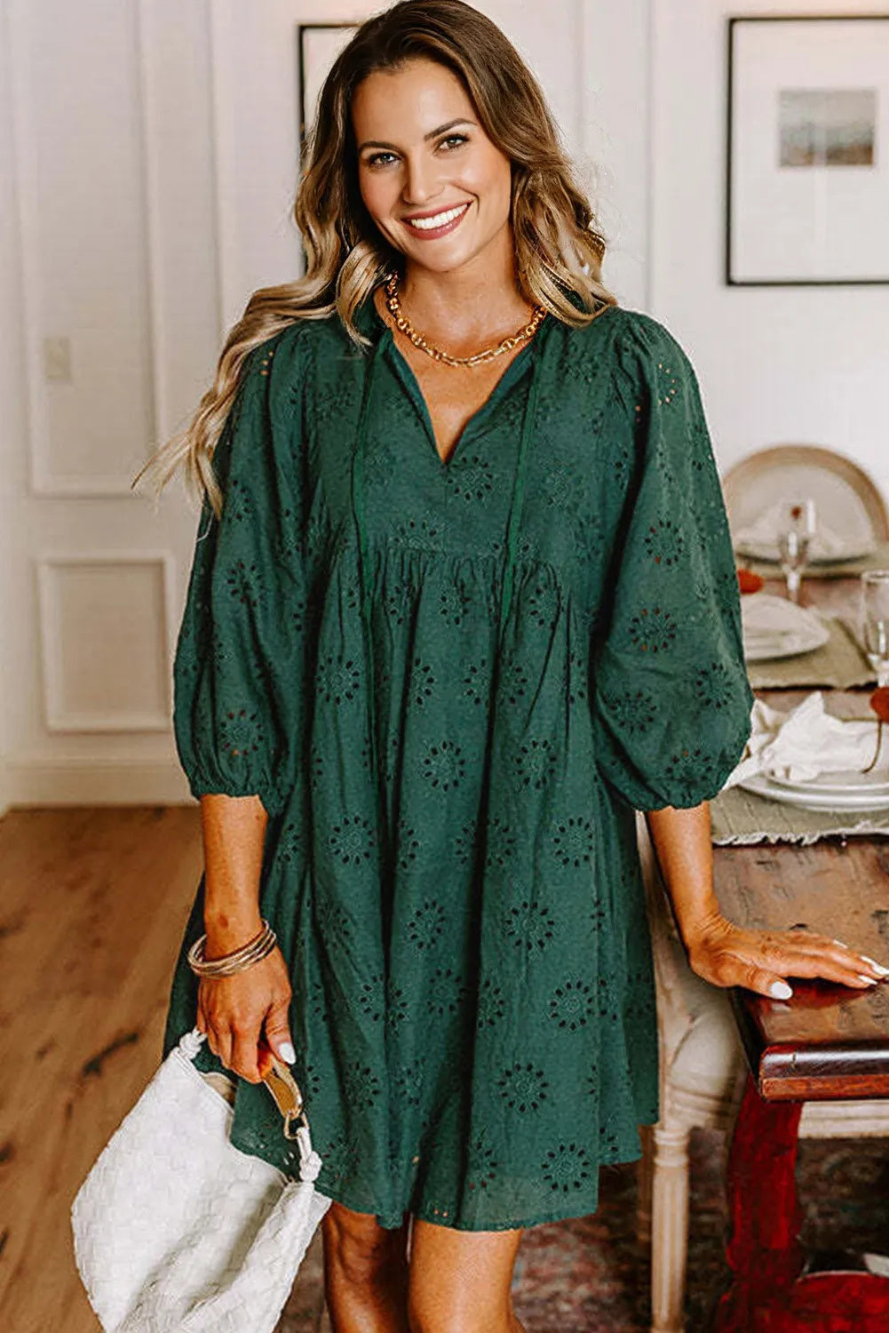 Blackish Green Embroidered Eyelet Pattern Puffy Sleeve Swing Mini Dress