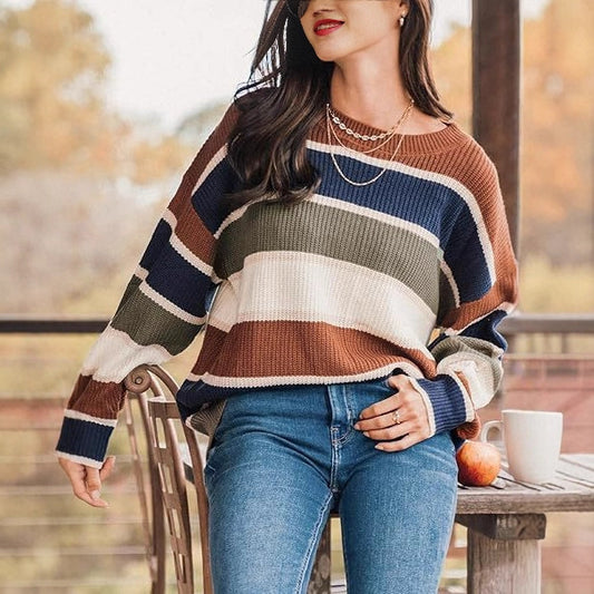 Contrast Color Sweater Female Casual Temperament Wild Long Sleeve Pullover Top