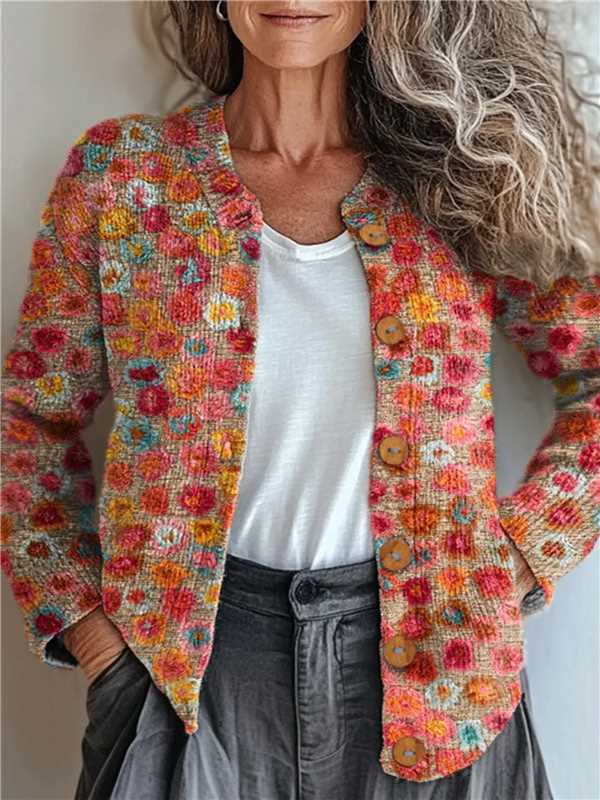 New Women's Autumn And Winter Style Loose 3D Printed Knitted Cardigan Sweater