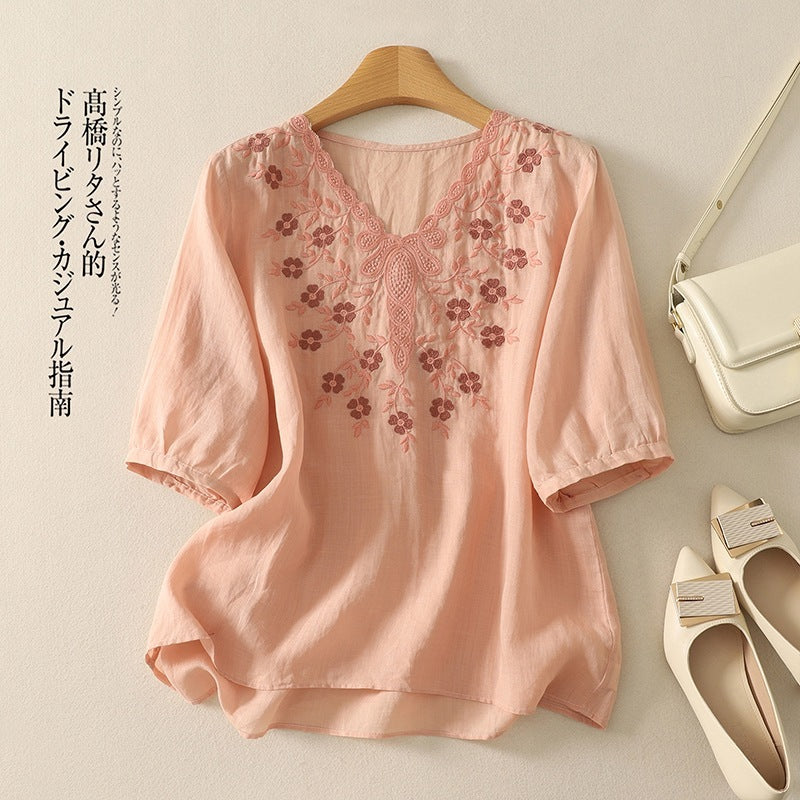 Embroidered Women's Elegant Lace V-neck Half Sleeves Pullover Shirt