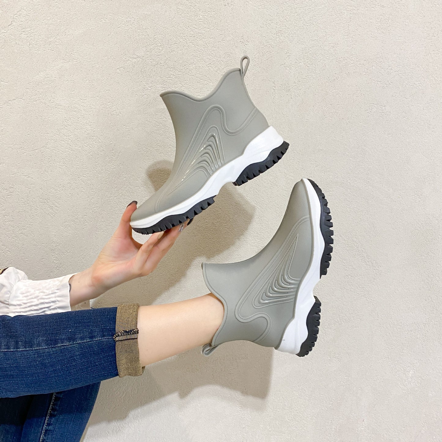 Fashion Color Blocking Thick Sole Low Top Women's Rain Boots