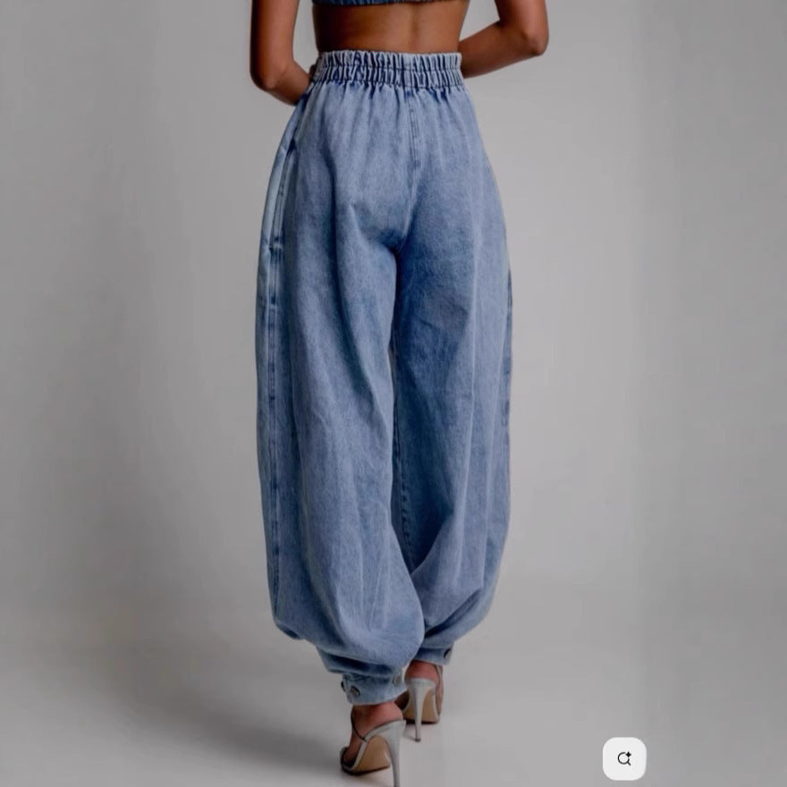 High Waist Zipper Ankle-tied Jeans Loose