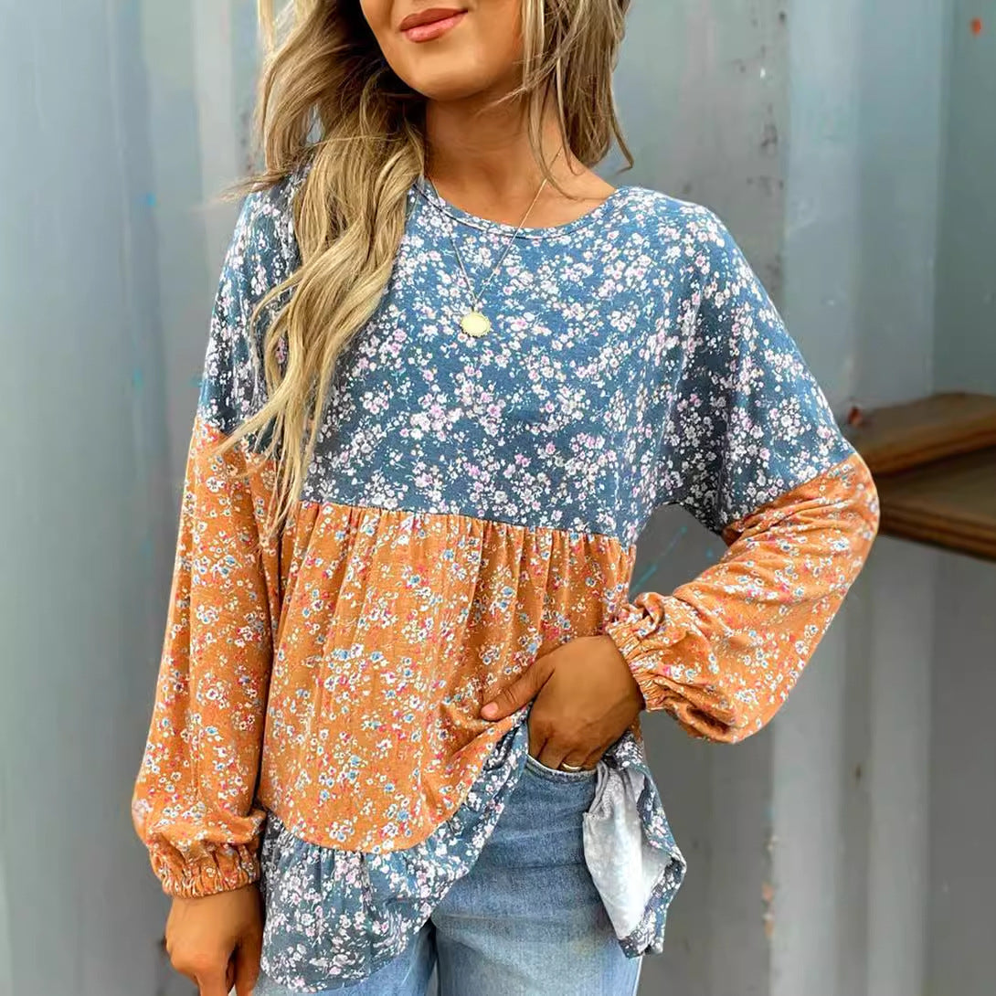 Women's Round Neck Digital Printed Floral Chiffon Shirt