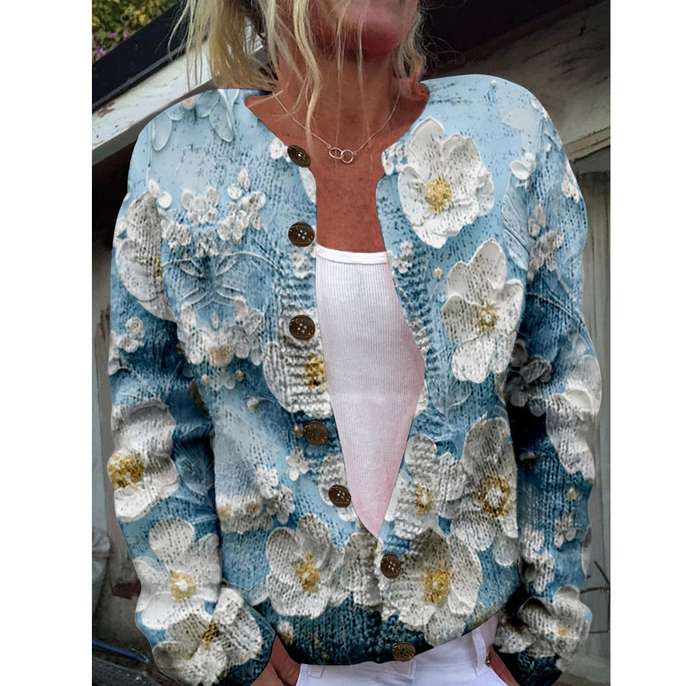 New Women's Autumn And Winter Style Loose 3D Printed Knitted Cardigan Sweater