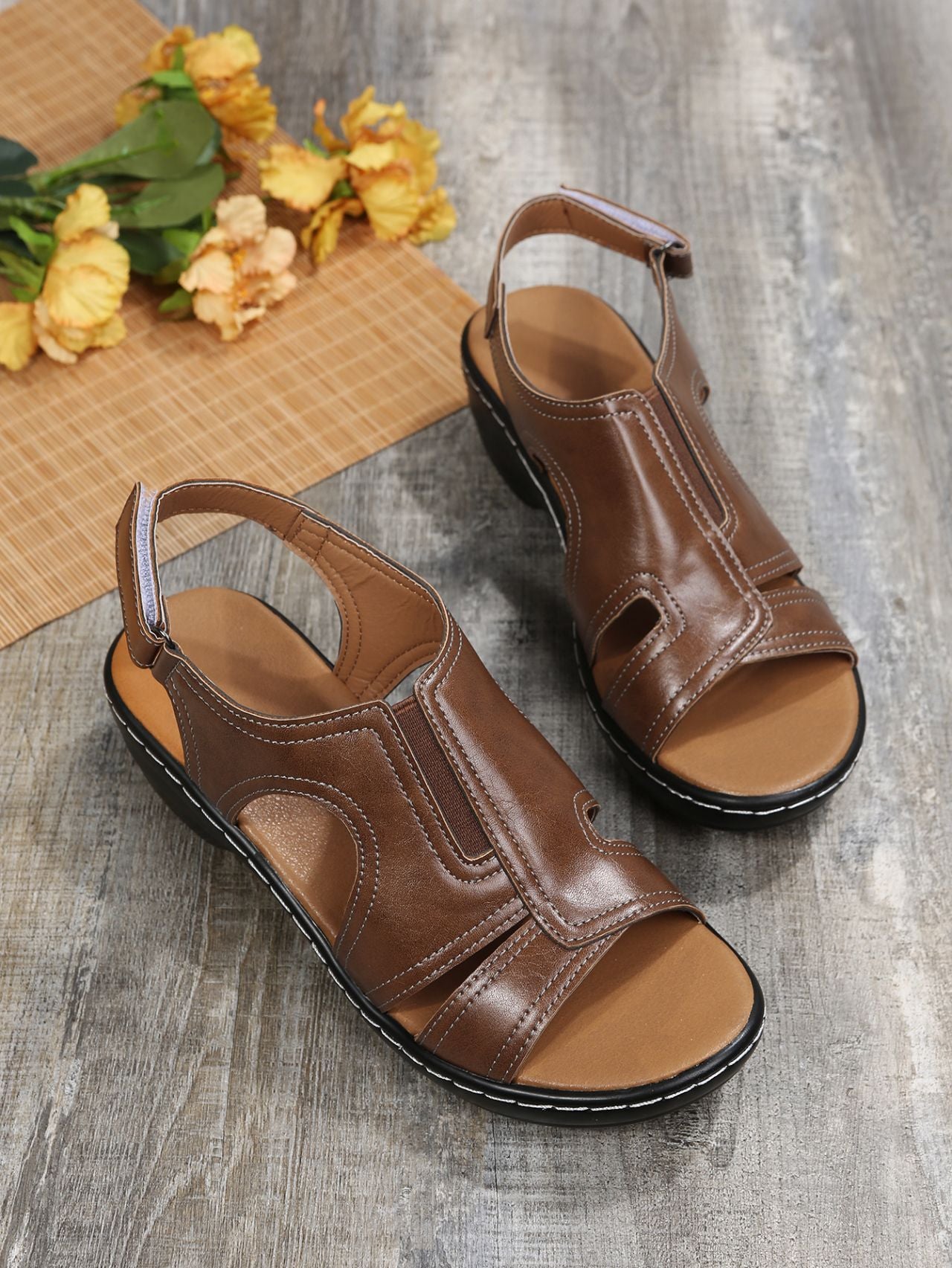 Women's Velcro Sewn Hollow Thick Heel Sandals