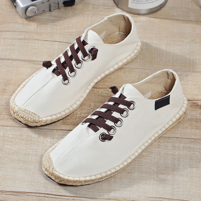 Lace-up Canvas Men's Shoes Solid Color Sewn Hemp Rope