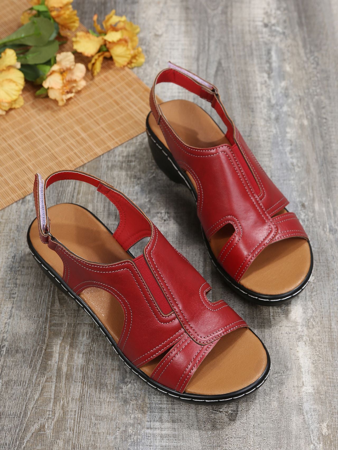Women's Velcro Sewn Hollow Thick Heel Sandals