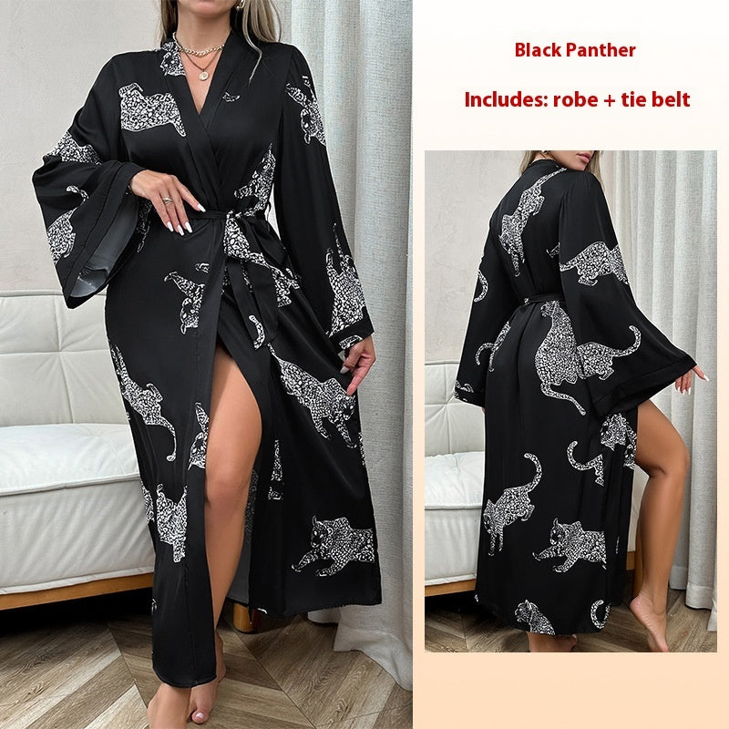 Women's Long Satin Bathrobe Night-robe Long Sleeve