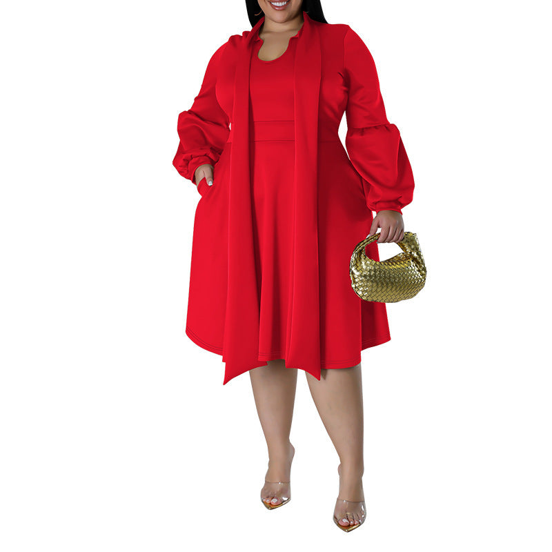 Long-sleeved Bubble Sleeve Midi Dress