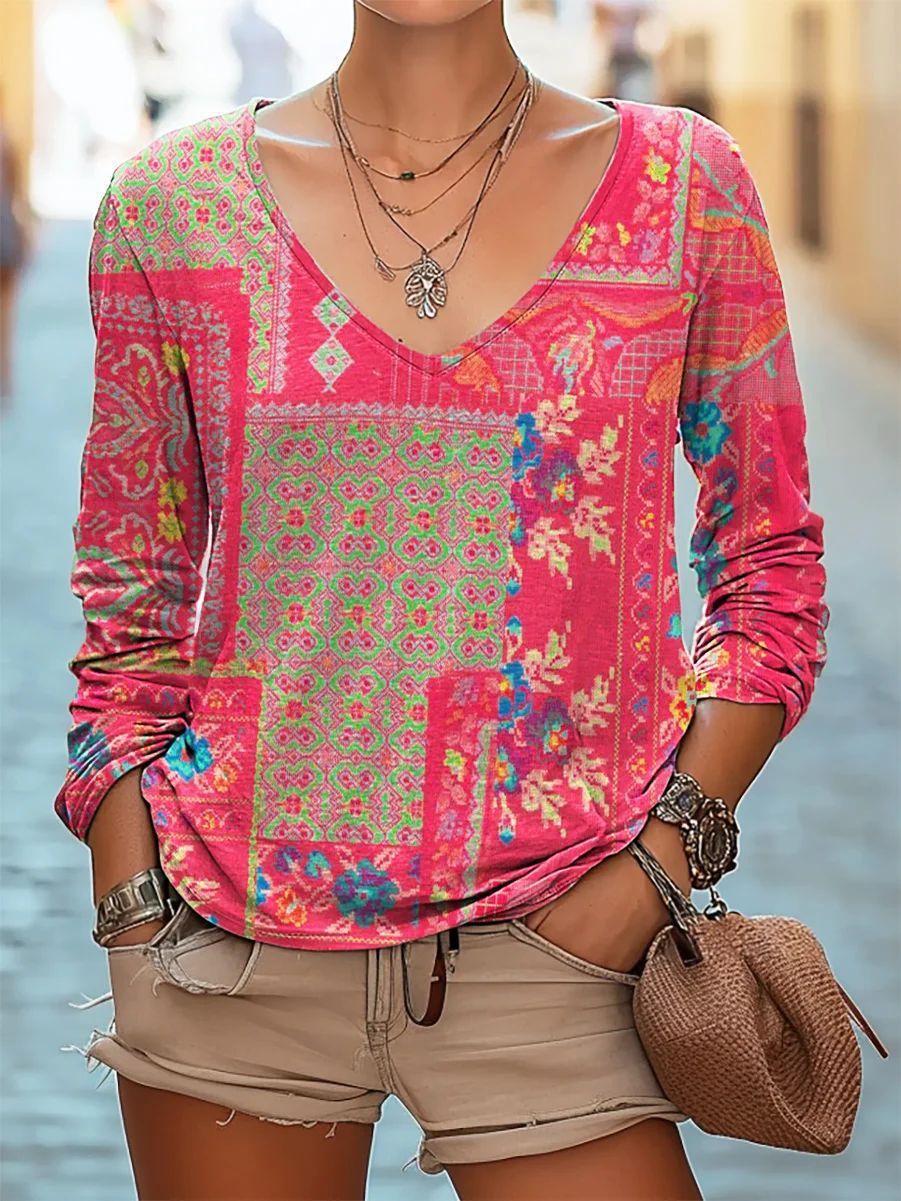 Casual V-neck Long Sleeve Regular Pullover Digital Printing Women's Top