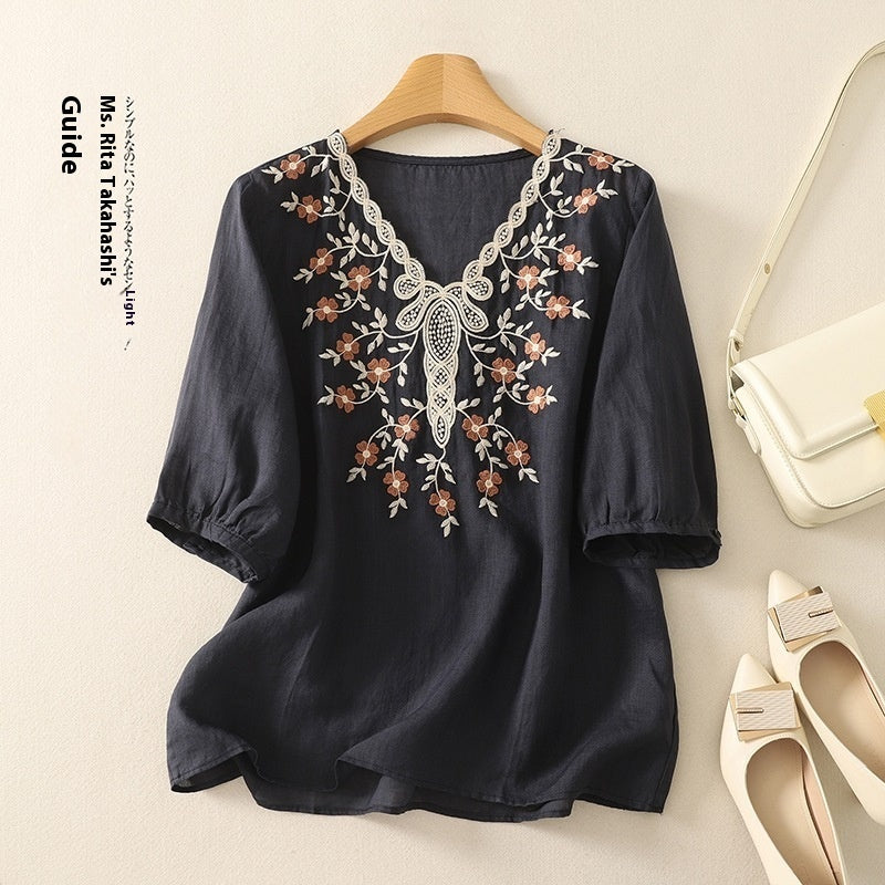 Embroidered Women's Elegant Lace V-neck Half Sleeves Pullover Shirt