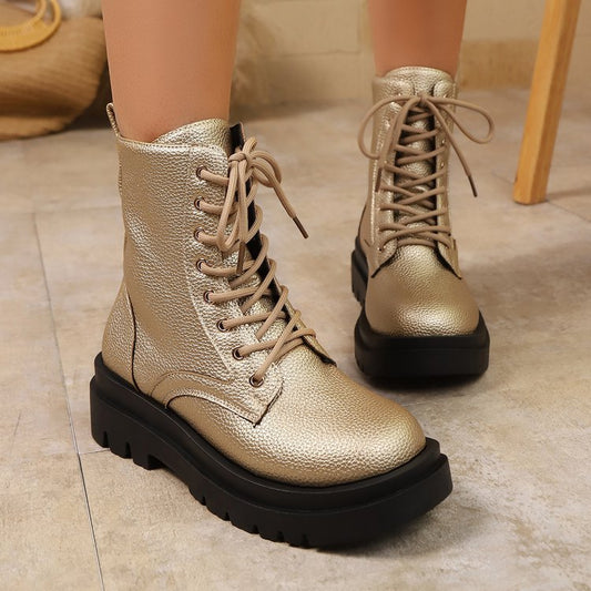 Leather Short Tube Lace Up Round Toe Platform Martin Boots