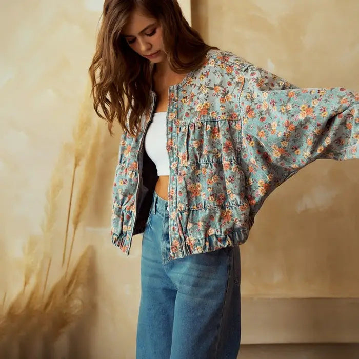 Vintage Floral Batwing Sleeve Wash Denim Coat