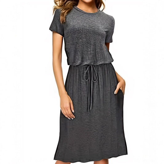 Waist-tight Pure Color Split Irregular Crew Neck Dress