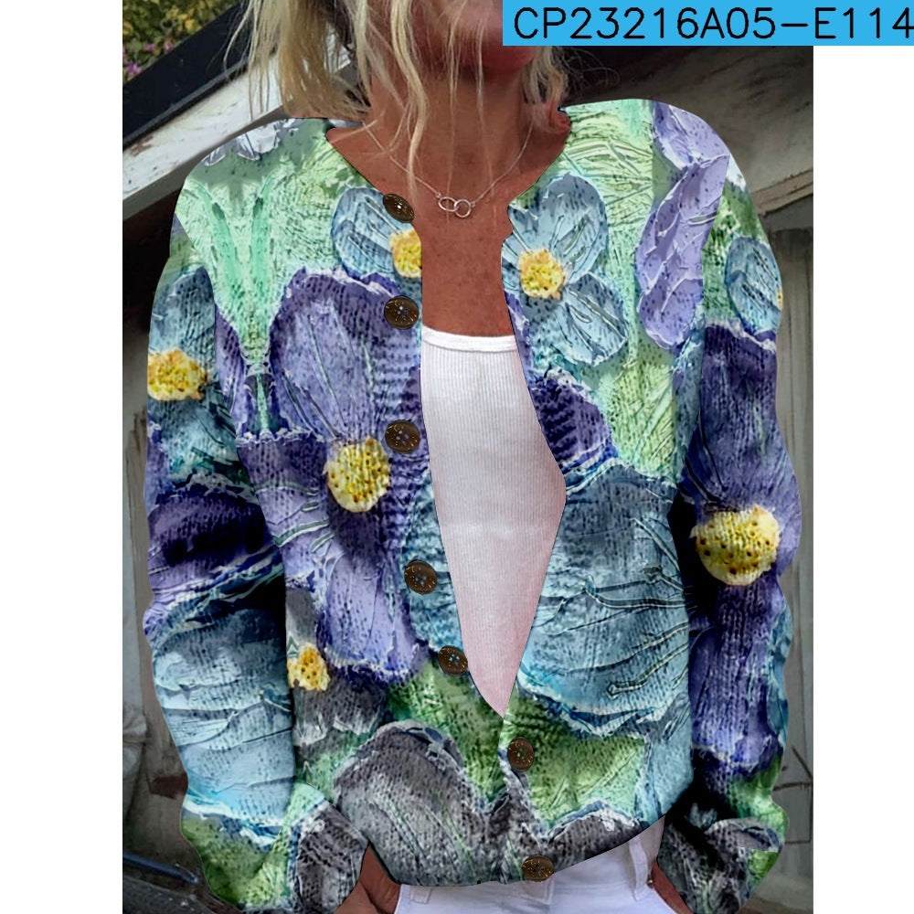 New Women's Autumn And Winter Style Loose 3D Printed Knitted Cardigan Sweater