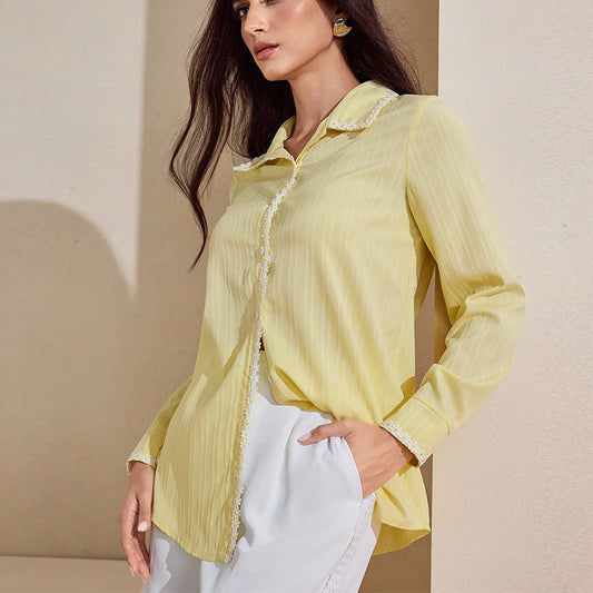 European And American Temperament Lace Long-sleeved Shirt Solid Color Cardigan Top