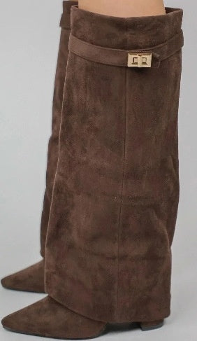Pointed Toe Large Tube Circumference Straight Metal Buckle Long Tube Boots