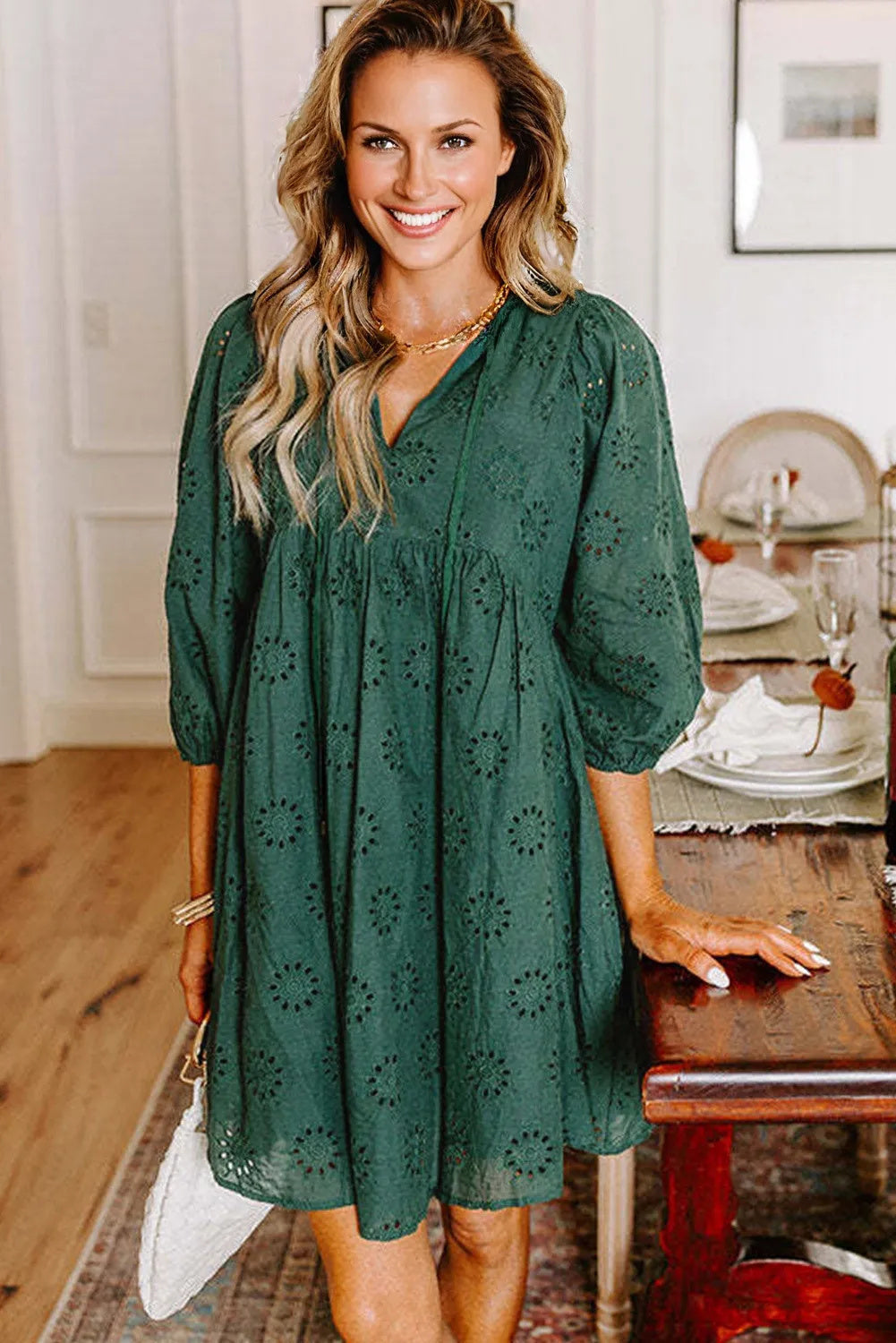 Blackish Green Embroidered Eyelet Pattern Puffy Sleeve Swing Mini Dress