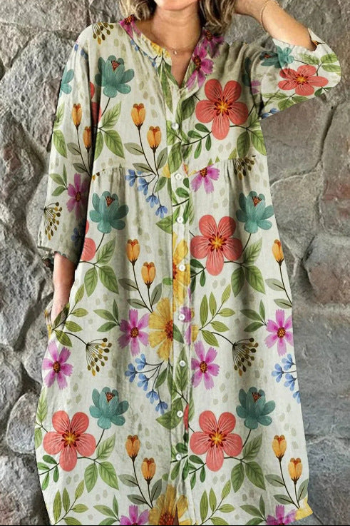 Women's Casual Long-sleeved Printed Shirt Dress