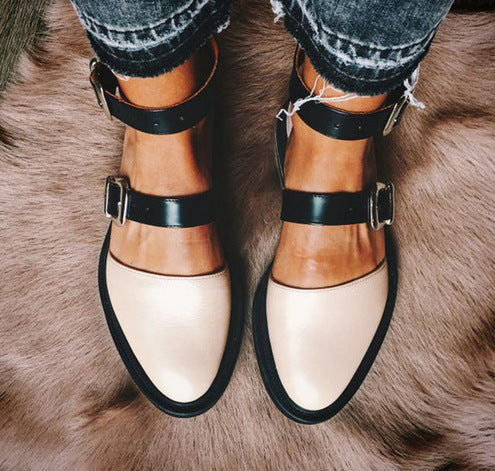 Closed Toe Flat Sandals Women's Shoes Round Toe Color-blocking Low Square Heel Buckle Round Toe Women's Large Size Fashion Shoes