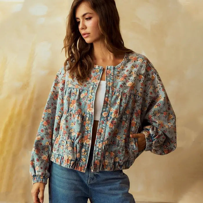Vintage Floral Batwing Sleeve Wash Denim Coat
