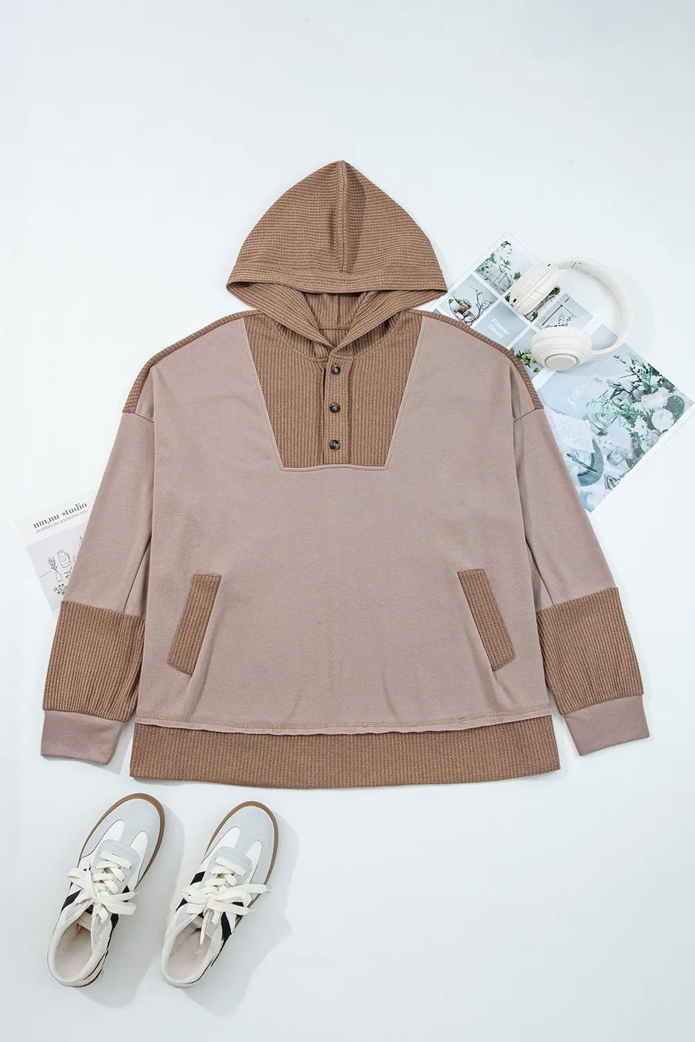 Goat Waffle Contrast Patchwork Plus Size Pocketed Hoodie