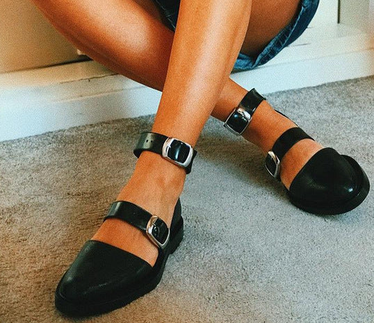 Closed Toe Flat Sandals Women's Shoes Round Toe Color-blocking Low Square Heel Buckle Round Toe Women's Large Size Fashion Shoes