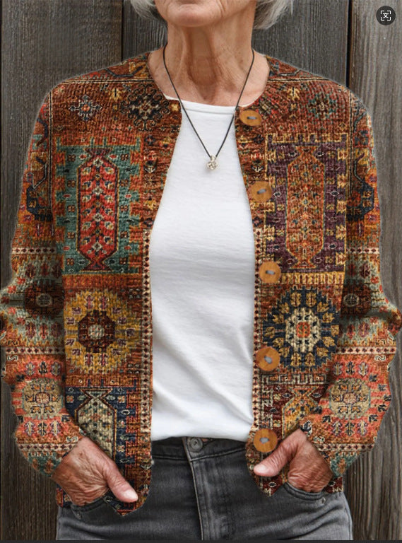 New Women's Autumn And Winter Style Loose 3D Printed Knitted Cardigan Sweater