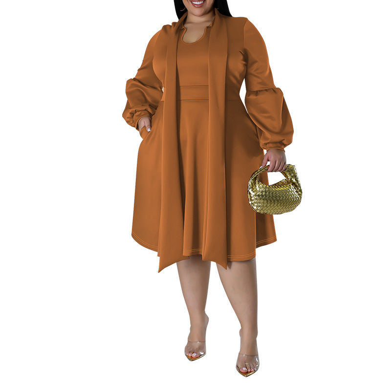 Long-sleeved Bubble Sleeve Midi Dress