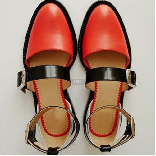 Closed Toe Flat Sandals Women's Shoes Round Toe Color-blocking Low Square Heel Buckle Round Toe Women's Large Size Fashion Shoes