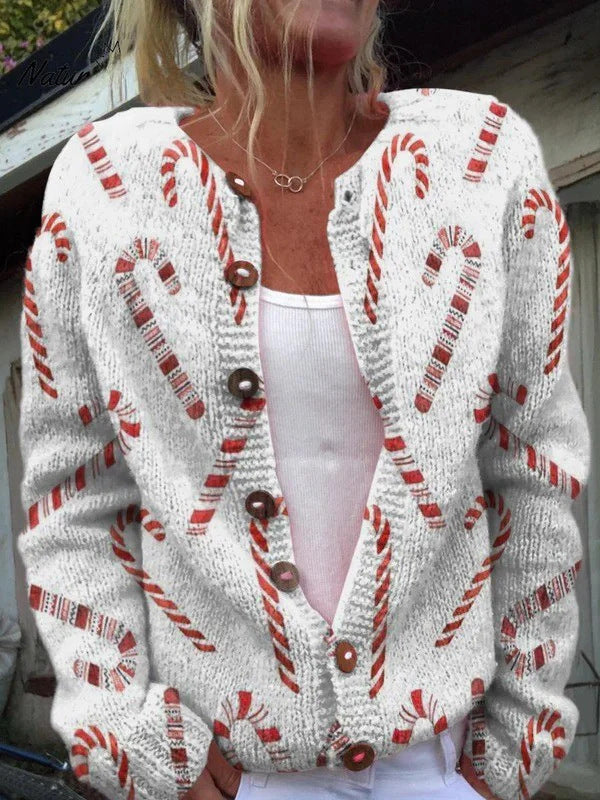 New Women's Autumn And Winter Style Loose 3D Printed Knitted Cardigan Sweater
