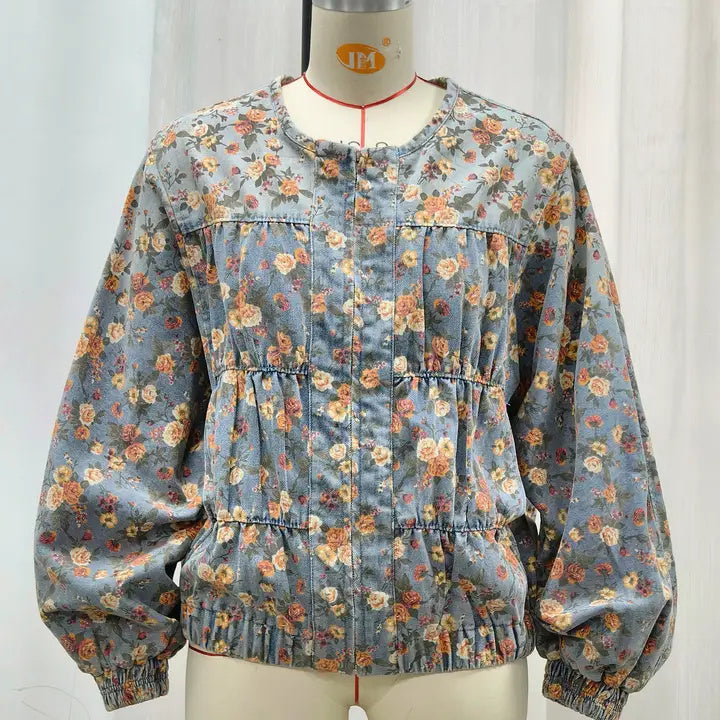 Vintage Floral Batwing Sleeve Wash Denim Coat