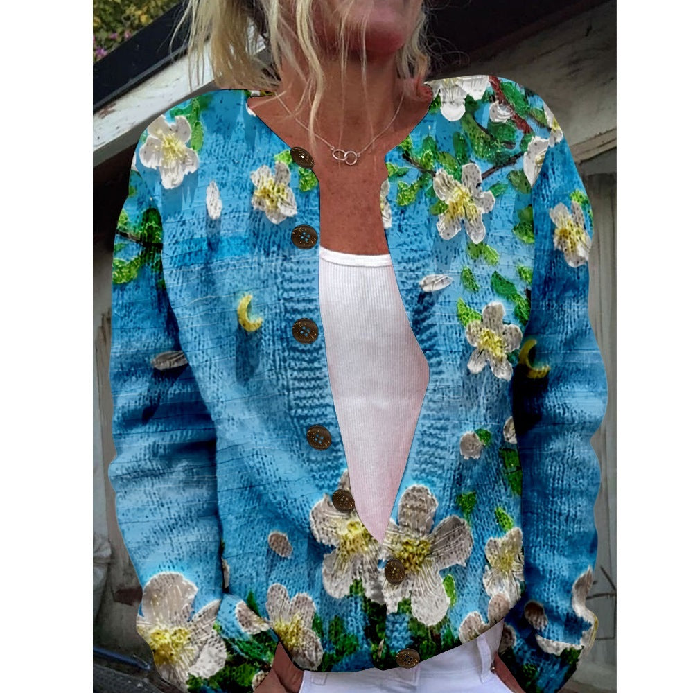 New Women's Autumn And Winter Style Loose 3D Printed Knitted Cardigan Sweater