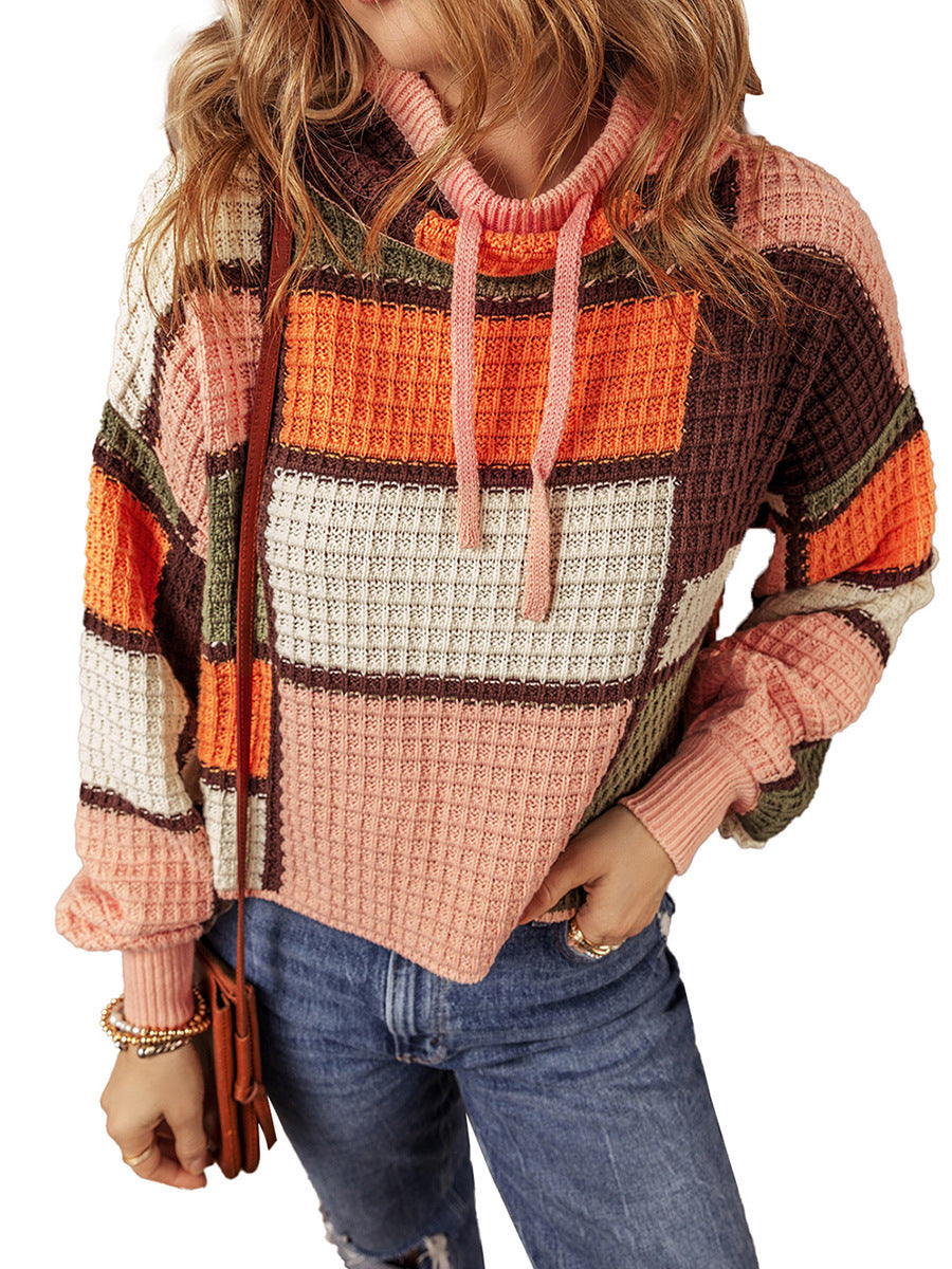 Women's Casual Waffle Color Matching Long Sleeve Drawstring Stand Collar Sweater