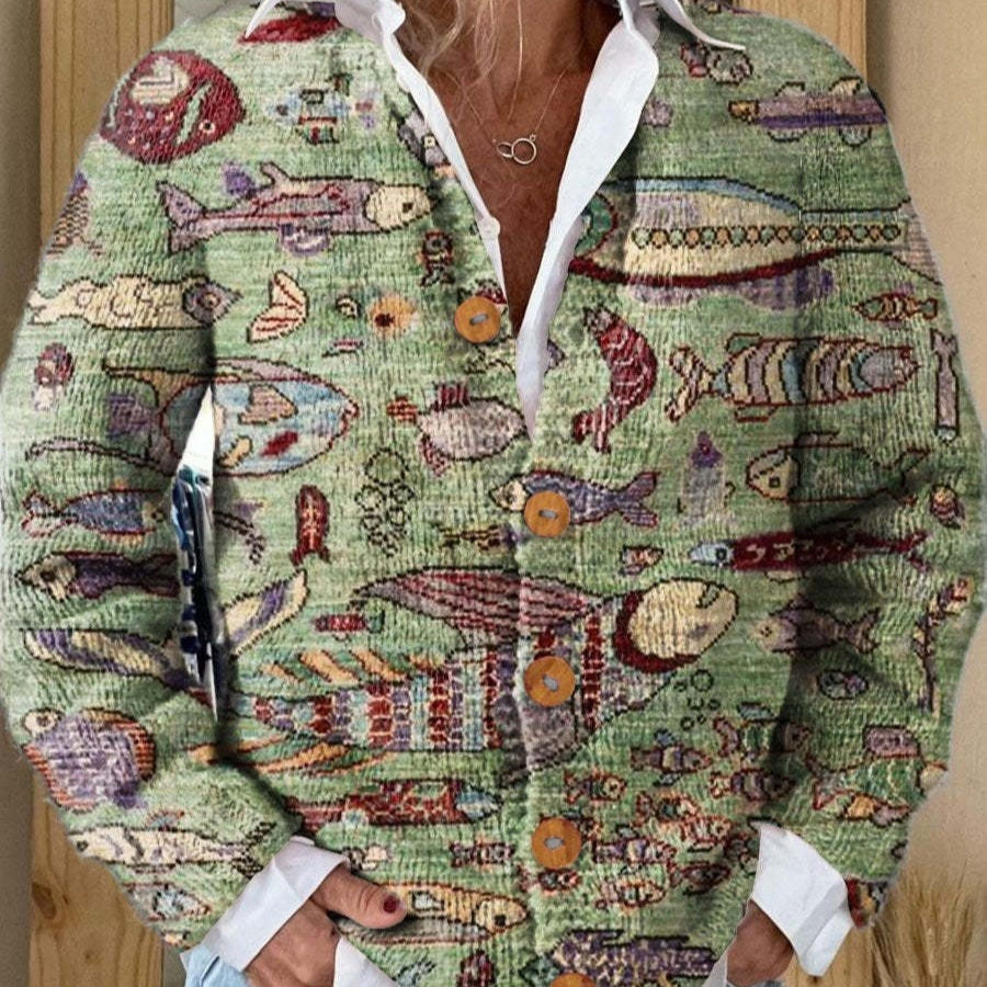 Women's Fashion 3D Color Matching Pattern Printing Cardigan Knitted Coat