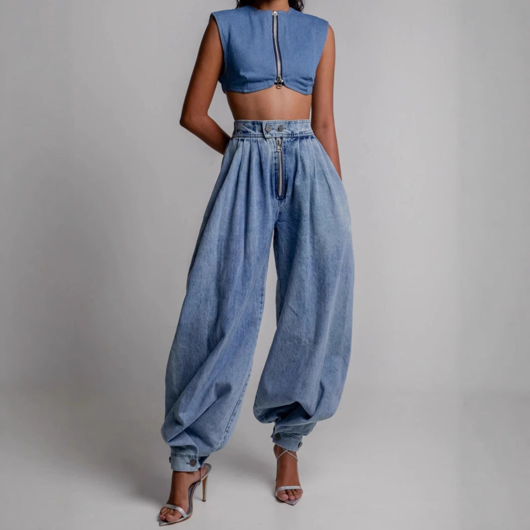 High Waist Zipper Ankle-tied Jeans Loose