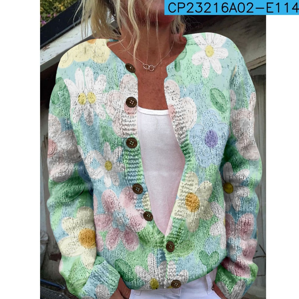 New Women's Autumn And Winter Style Loose 3D Printed Knitted Cardigan Sweater