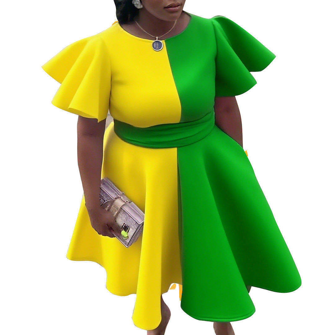 Color Block Ruffled Large Swing Dress