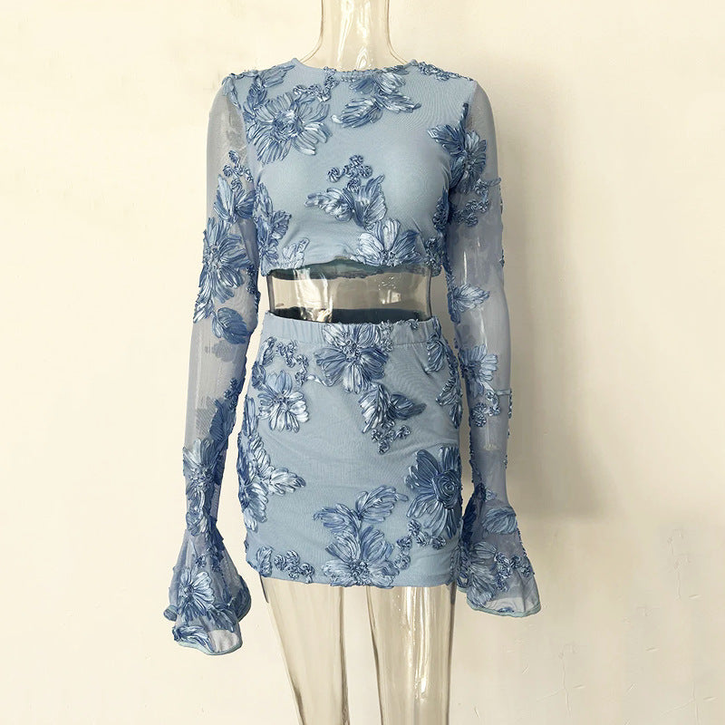 Ladies Embroidered Flower Backless T-shirt Skirt Suit Women